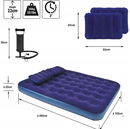 LARGE AIR MATTRESS 203x152cm PUMP 2x PILLOWS