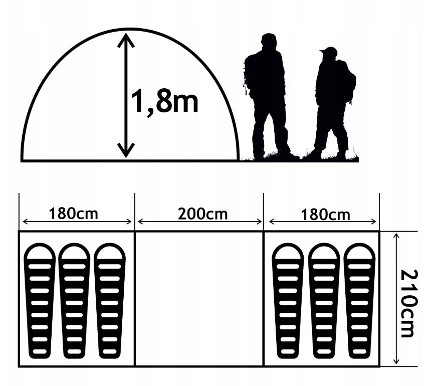 6-person tent, 2 bedrooms, vestibule 560x210cm