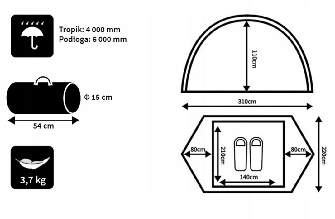 Turistický kempingový stan pro 2 osoby 310 x 220 cm