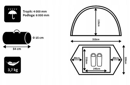 Tourist Camping Tent for 2 people, 310 x 220 cm