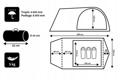 Kempingový turistický stan pro 3 osoby 380 x 220 cm