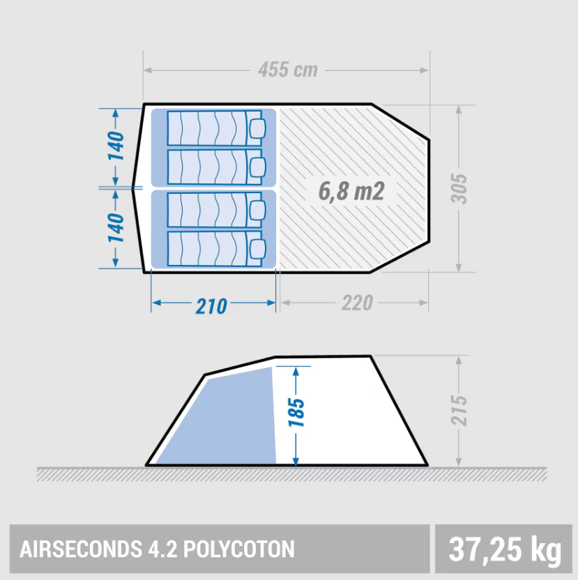 Namiot kempingowy QueA 4-osobowy, 2 sypialnie 455x305cm