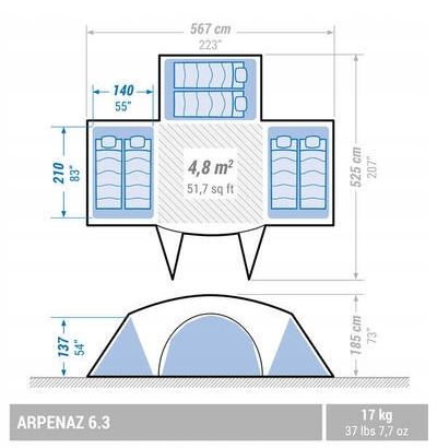 QueA family camping tent for 6 people, 567x525cm, 3 bedrooms