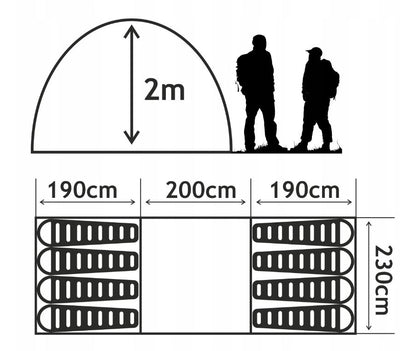 Tourist tent for 8 people, 2 bedrooms, vestibule 580x230cm