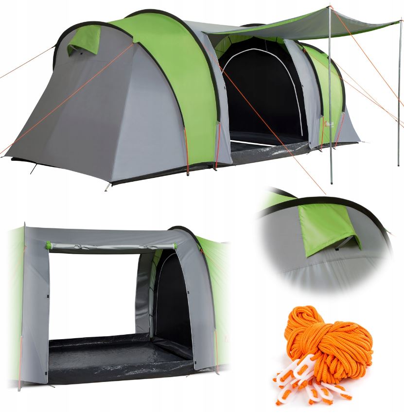 Tourist tent for 4 people, 2 bedrooms, vestibule, gray and green, 440x210cm