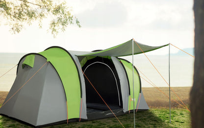 Tourist tent for 4 people, 2 bedrooms, vestibule, gray and green, 440x210cm