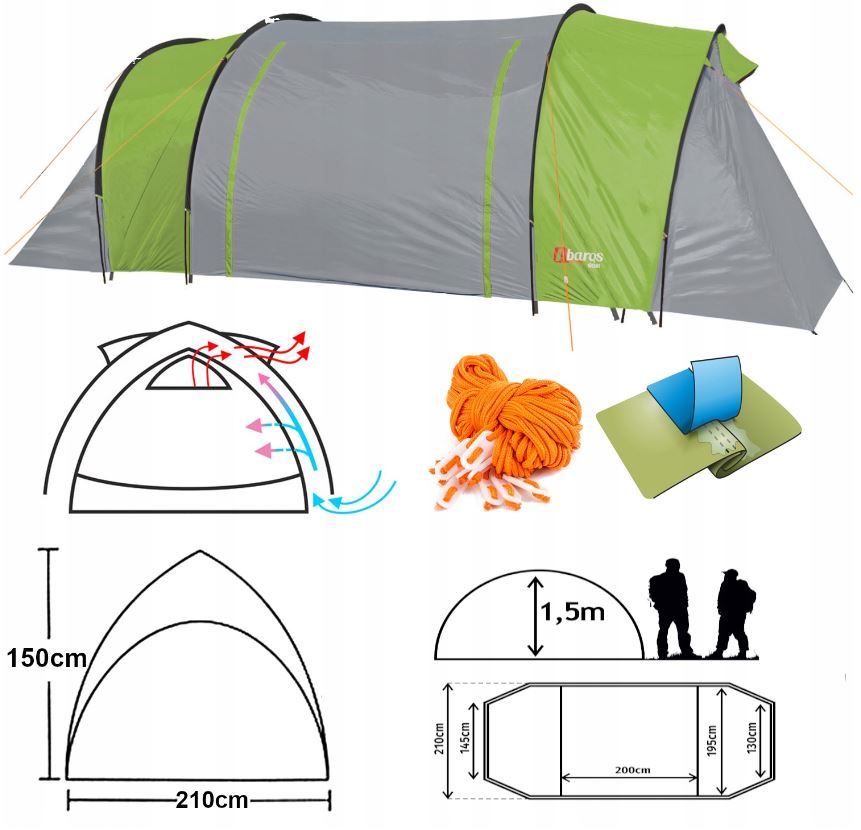 Tourist tent for 4 people, 2 bedrooms, vestibule, gray and green, 440x210cm