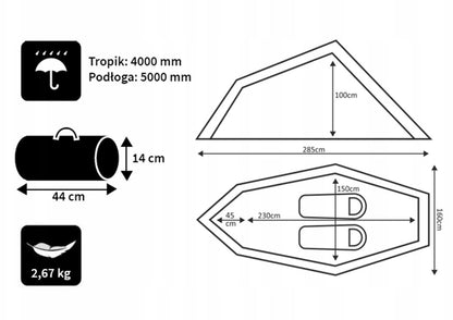 Forest tourist tent for 2 people, 285x160cm