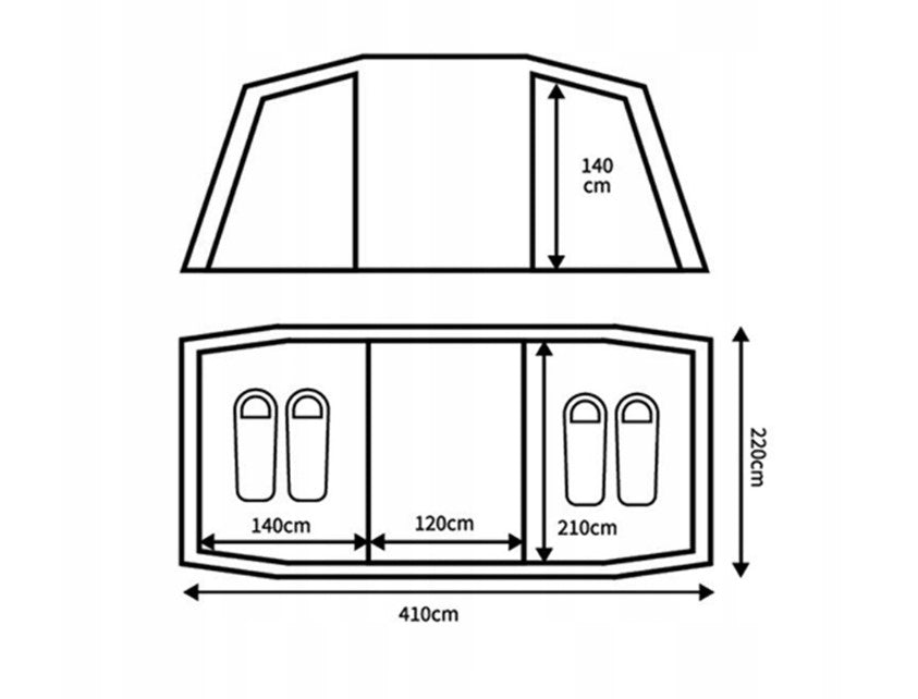 Tourist tent for 4 people, Family, 2 bedrooms, 410x220cm