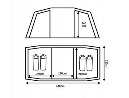 Tourist tent for 4 people, Family, 2 bedrooms, 410x220cm