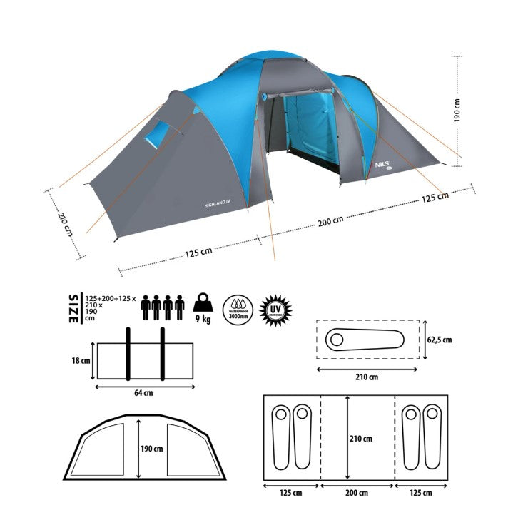 Large family tourist camping tent for 4 people with a vestibule 450x210cm