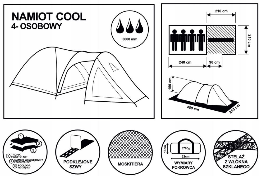 4-PERSON TOURIST tent 210 x 450 x 150 cm